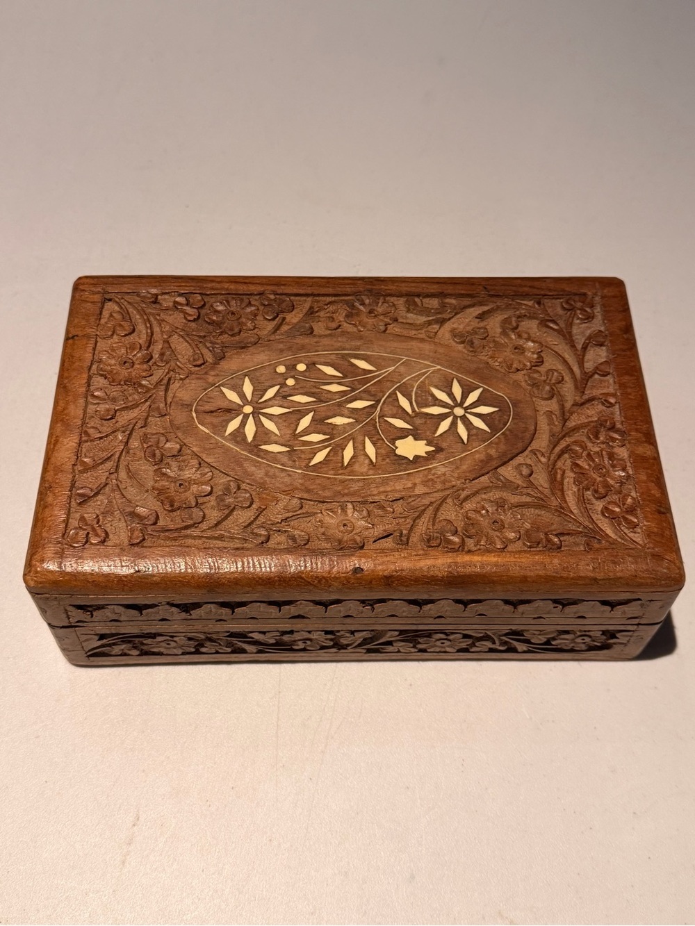 Carved Wooden Trinket Box with Inlay - Brown